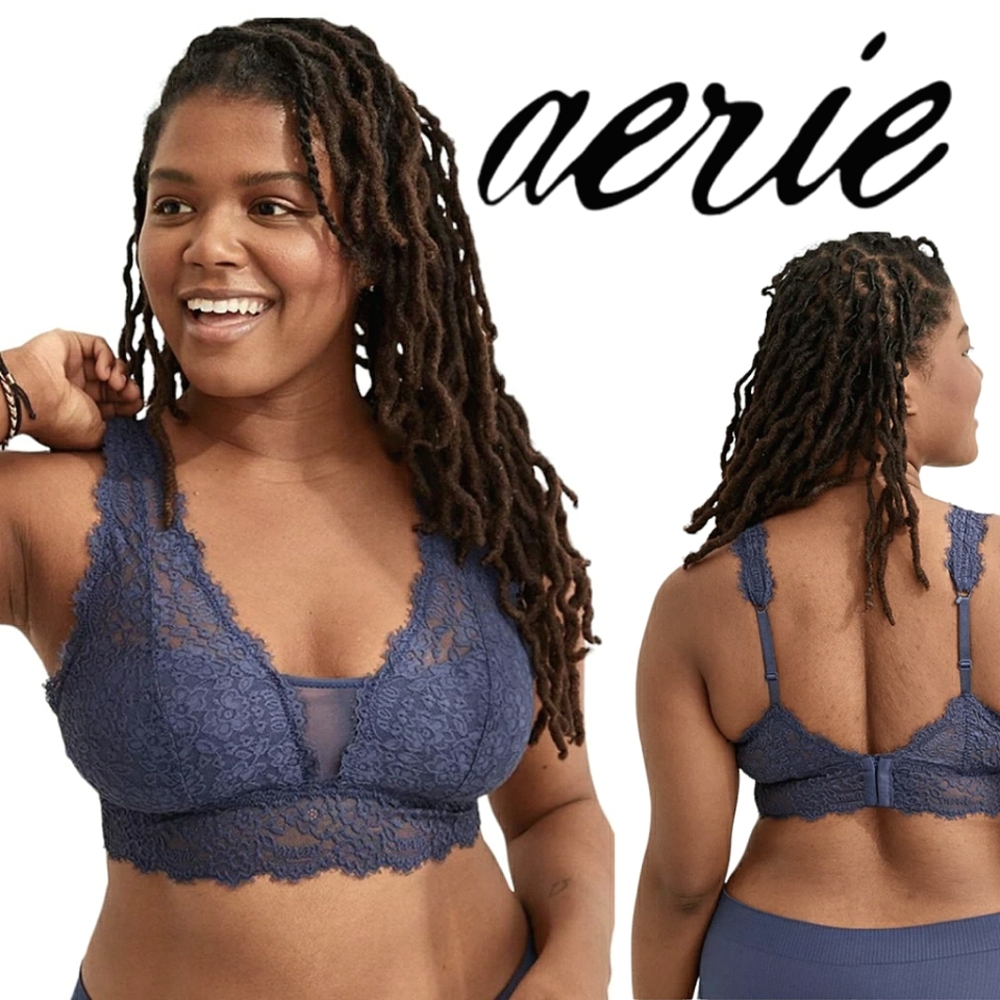 Aerie Eyelash Lace Plunge Bralette in Fresh Bright (Navy Blue)